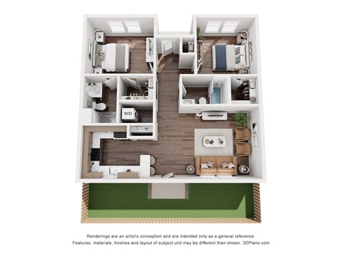 A 3D floor plan of a house with a kitchen, living room, and two bedrooms.
